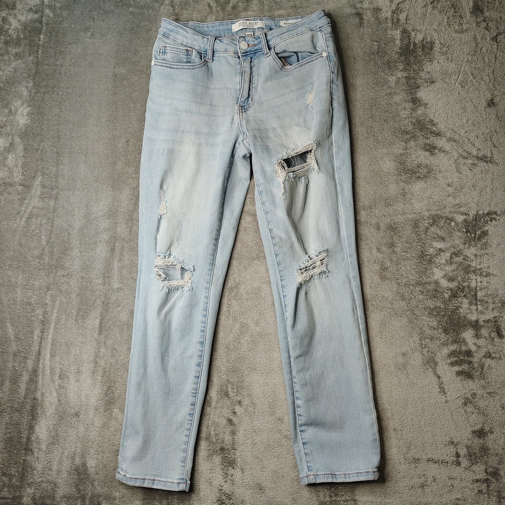 Judy Blue Jeans Women 26 Blue Boyfriend Light Wash Frayed Stretch Denim Distress